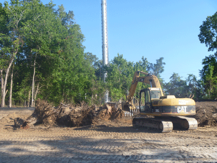 Excavator clearing trees from land