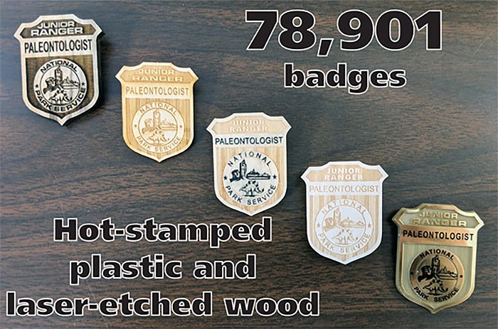 Photo of 5 badges, text overlay reads "78,901 badges. Hot-stamped plastic and laser-etched wood"