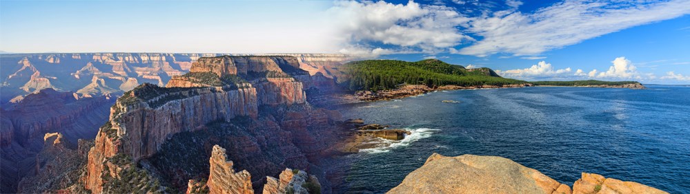 Grand Canyon's North Rim and Acadia's coast. Left: scenic vista at Grand Canyon's North Rim, right: seashore at Acadia