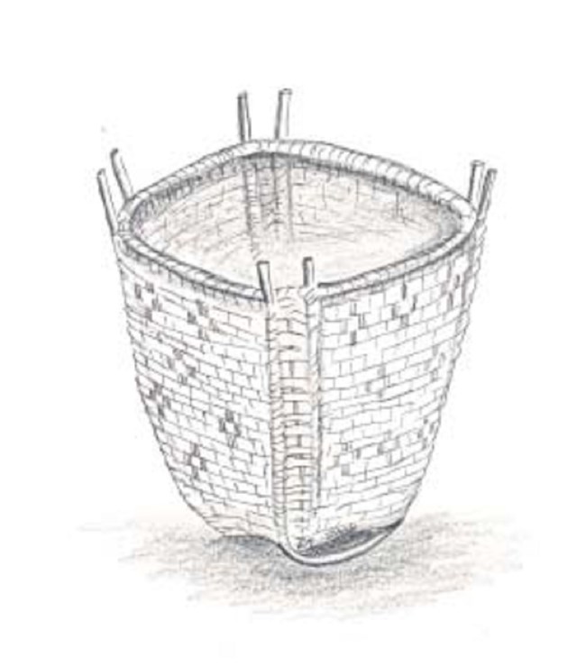 Illustration of woven basket. Rounded square on top is larger than base of basket. 4 sticks slightly  protrude from the top at the edges.