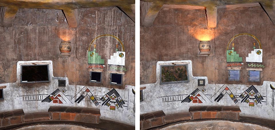 Before (left) and after conservation work (right) photo pair showing removal of salt stains and enhancement of murals that have been cleaned.