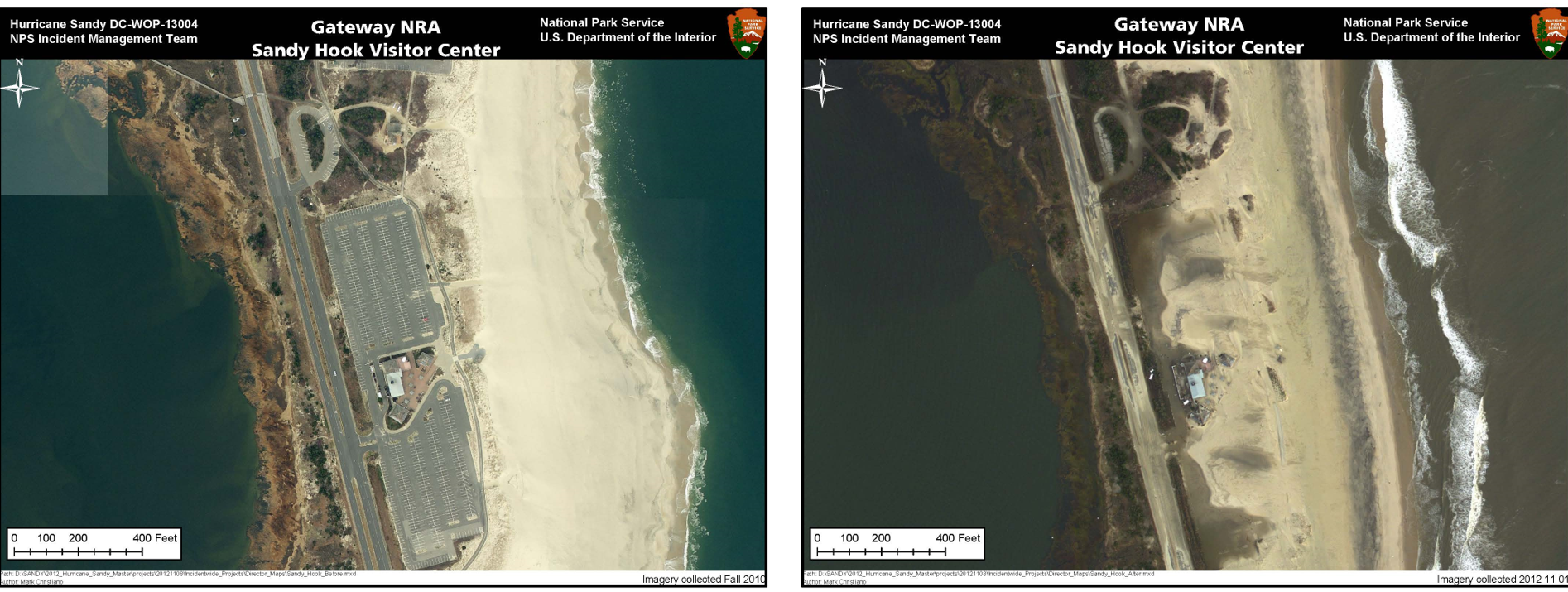 aerial photography of shoreline and a parking lot before and after a hurricane