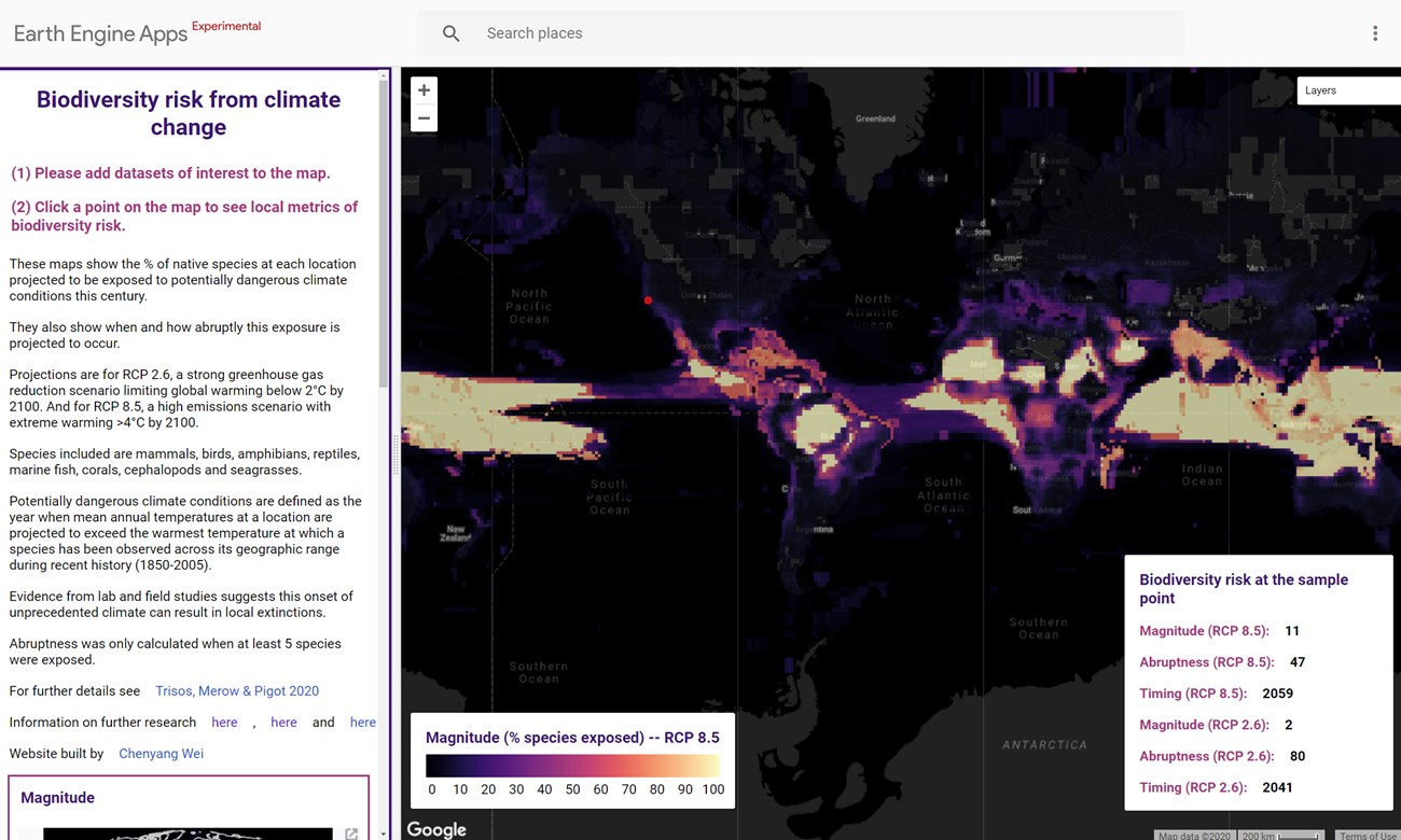 Screenshot of, and link to, the Biodiversity Risk from Climate Change mapping tool.