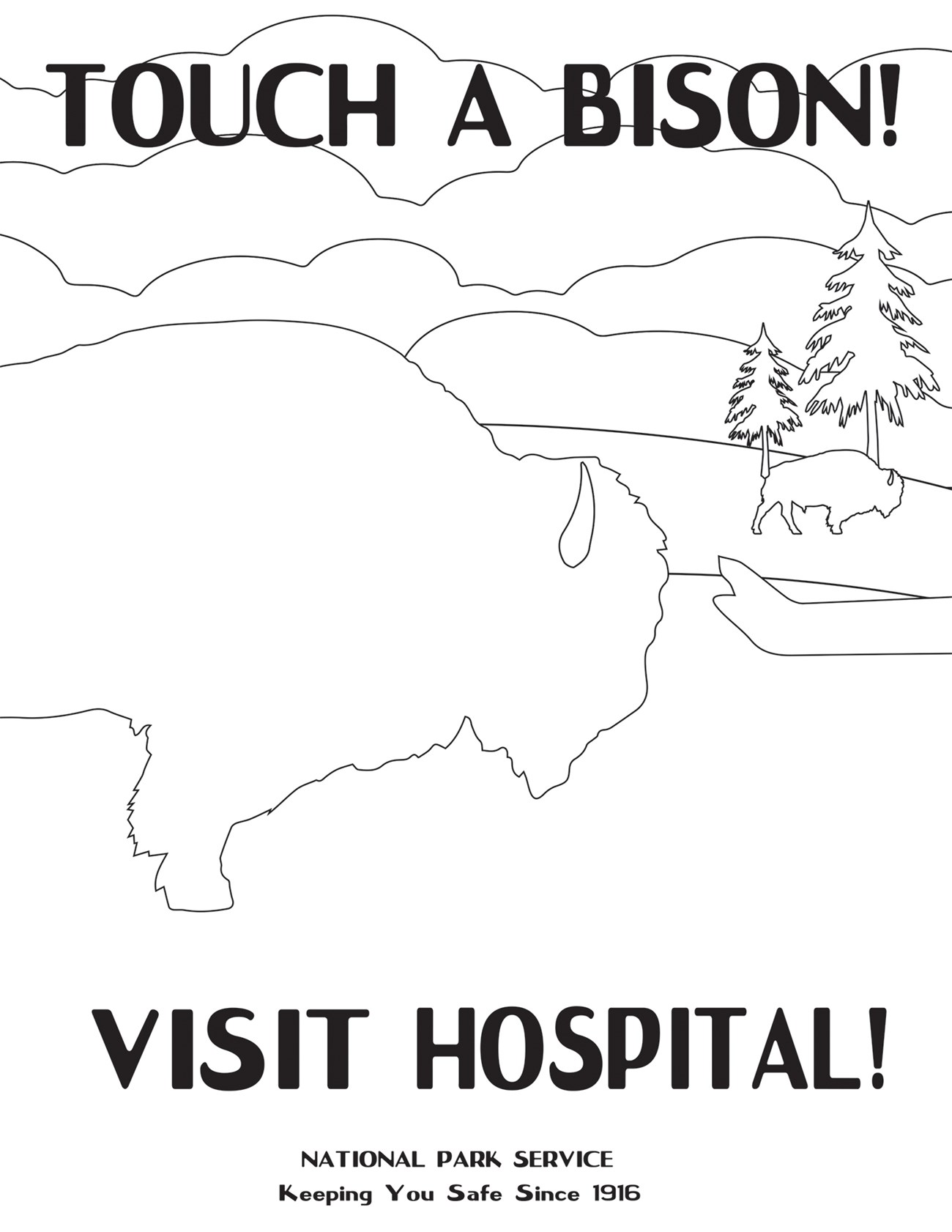 bison touch coloring Coloring sheet encouraging people not to touch bison, additional alt text on the webpage