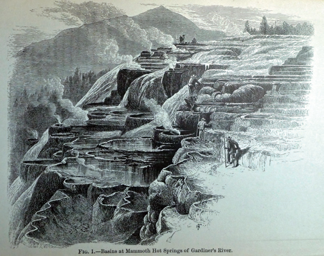 A black and white historical illustration of the Mammoth Hot Springs Terraces and people exploring on the terraces.