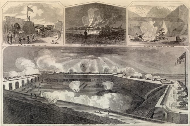 Four panel historic engraving showing several scenes from a bombardment in different locations.