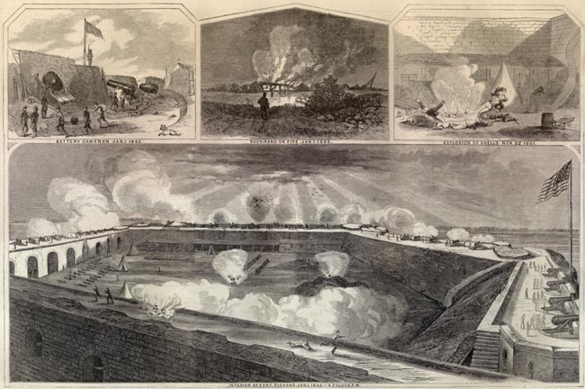 Four panel historic engraving showing several scenes from a bombardment in different locations. Four panel historic engraving showing several scenes from a bombardment in different locations.