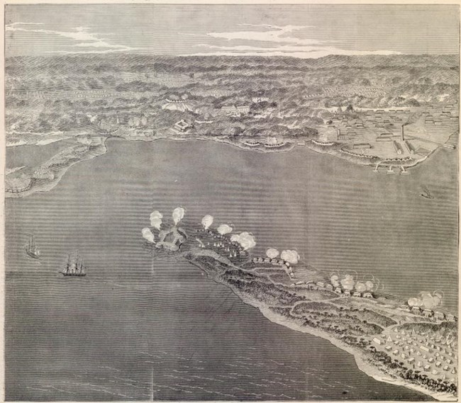 Historic engraving showing a birds-eye view of the bombardment of Pensacola Bay in 1861.