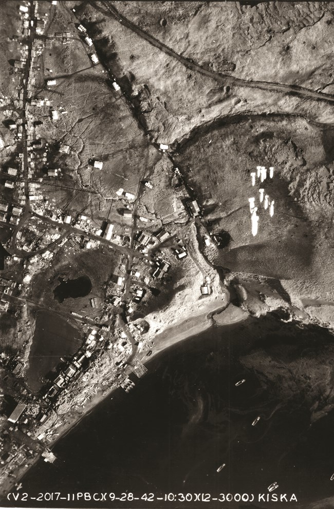 Black and white aerial photo of bombs falling in to a harbor