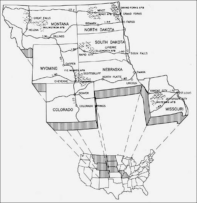 Map of the  location of missile silos in US.
