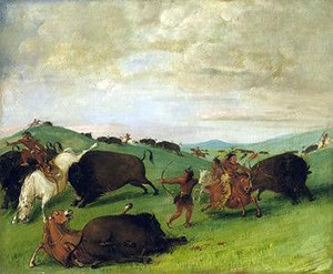 painting: bulls battling with men and horses