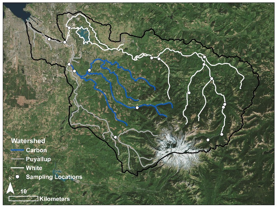 Satellite image of Puyallup River Basin with three watersheds highlighted in different colors