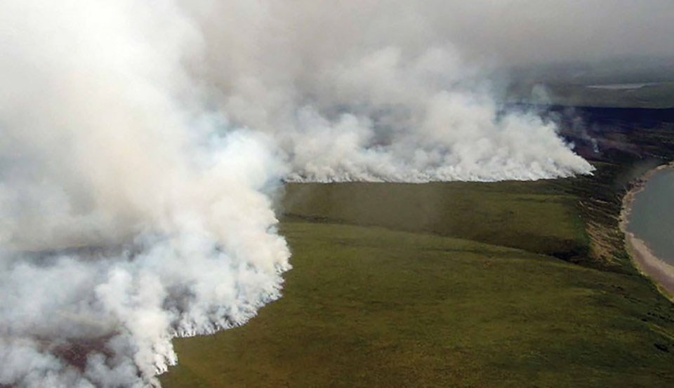 A patchwork scene of green tundra and wildland fire.