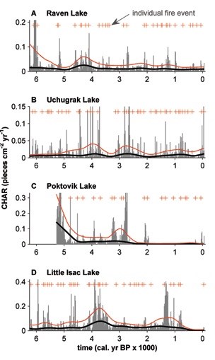 Charcoal records from the Noatak study area for the past 6,000 years, with inferred fire events.