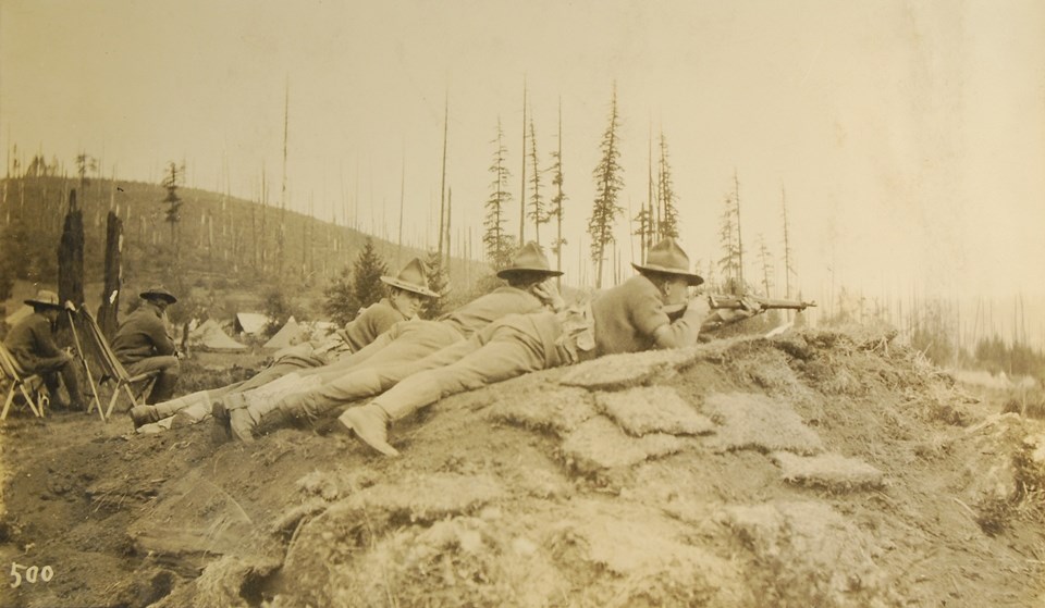 Three soldiers in field uniforms lie on their stomachs on a hill, their backs to the camera, pointing guns. A sparse forest is seen in the background.