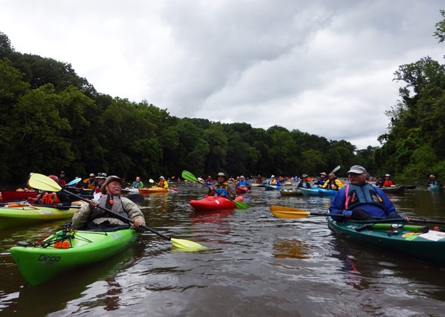 A view of roughly 100 paddlers that joined the Sojourn each day