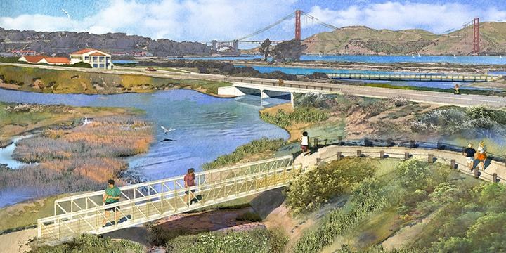 Quartermaster Reach Marsh rendering Artist's rendering of a trail winding past a scenic marsh, with Crissy Marsh behind, and the Golden Gate Bridge in the distance.