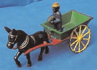 A colorful, antique mule cart toy. The glossy, black mule is driven by an African-American man in yellow hat.