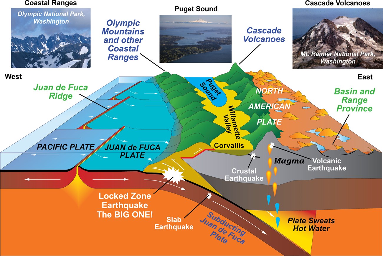 3D dagram of the pacific northwest showing earthquakes and eruptions