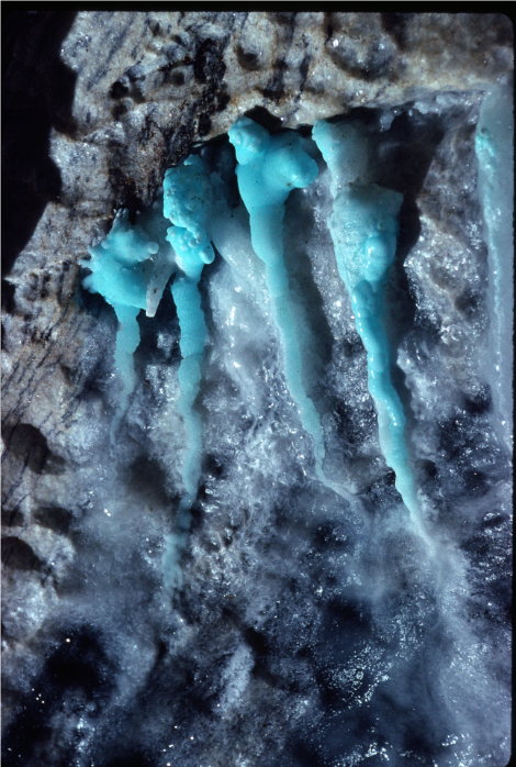 cave exploration article kings canyon copper mineral azurite blue mineral deposit on a cave wall