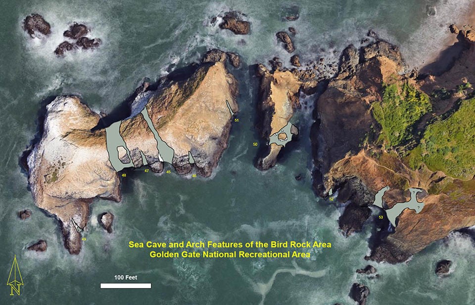 Modified satellite image of Bird Rock highlighting the locations of sea caves and arches