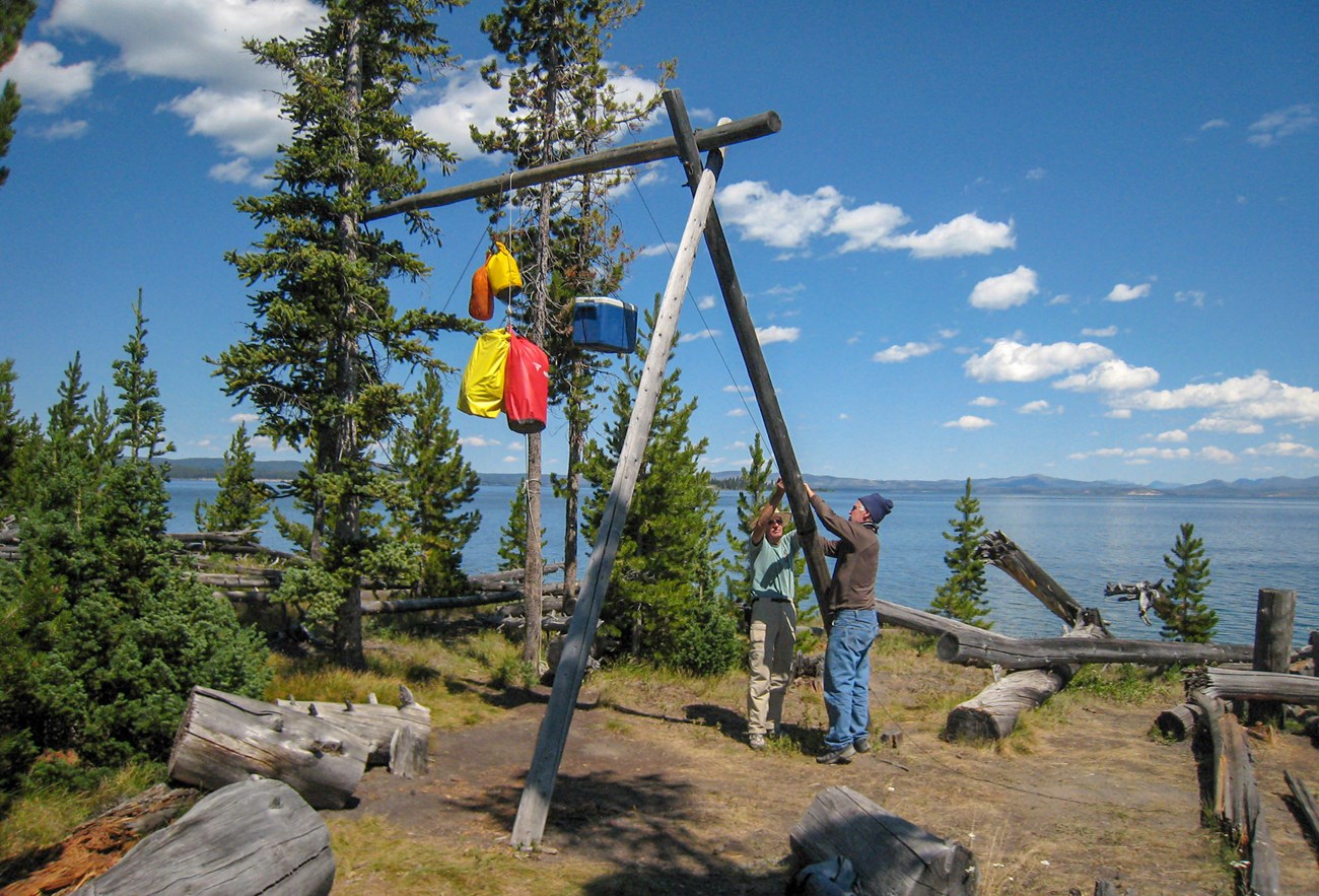 Two men are heisting up several packs and a cooler onto a pole placed crosswise between trees.