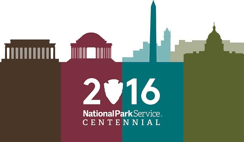 Brown, purple, blue, and green city and park silhouette graphic with the words 2016 National Park Service Centennial