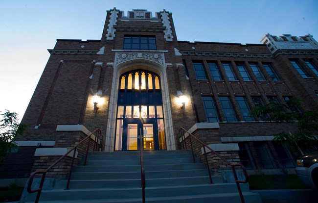 Gothic style high school building entrance