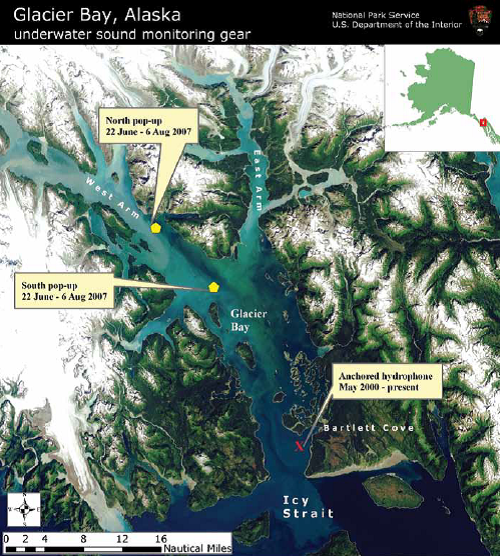 Map of underwater sound monitoring gear in Glacier Bay National Park and Preserve