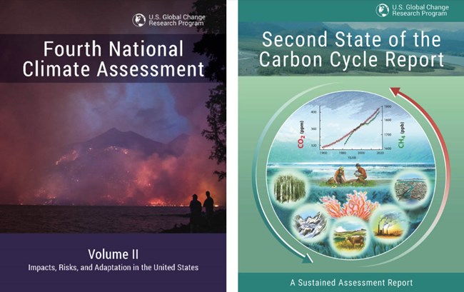Cover pages of the Fourth National Climate Assessment Report (left) and the Second State of the Carbon Cycle Report (right)