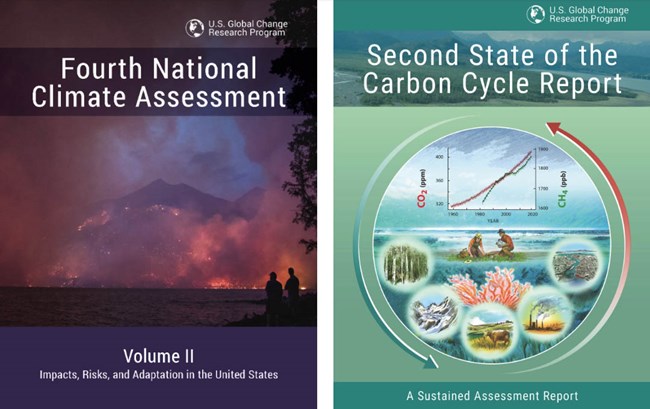 U.S. Global Change Research Program Climate Reports Cover pages of the Fourth National Climate Assessment Report (left) and the Second State of the Carbon Cycle Report (right)