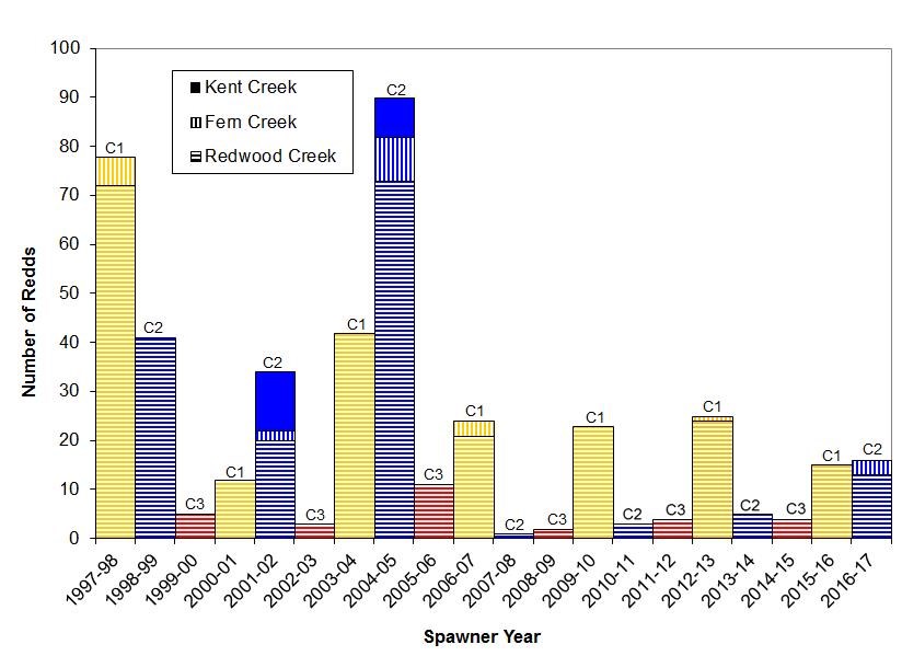 Graph of coho salmon redd numbers in the Redwood Creek watershed by cohort, winter 1997-1998 through winter 2016-2017.