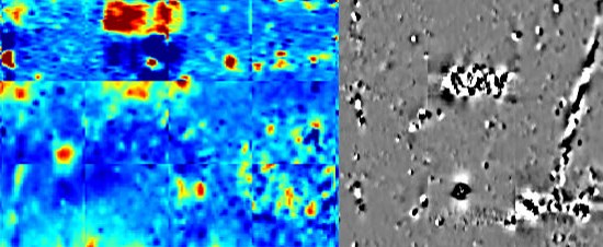 Samples of the data collected by the electrical conductivity unit (left) and the magnetometer unit (right) showing subsurface anomalies.