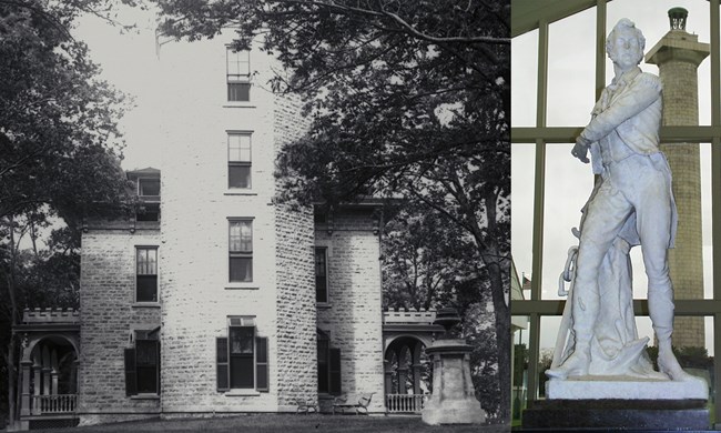 Small Perry Memorial built by Jay Cooke and Statue of Perry that is now located in the Visitor Center of Perry's Victory and International Peace Memorial. 2 images, left black and white photo of stone two story stone house. On the lawn in front of the house is 10 foot stone monument and bronze monument. Right image is larger than life size marble statue of war of 1812 naval officer.