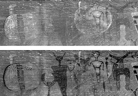 lt= black and white images of rock art paintings. one shows the light figures highlighted, and one shows the dark figures highlighted