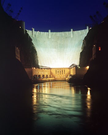 Hoover Dam at night. (Bureau of Reclamation; Andrew Pernick, photographer)