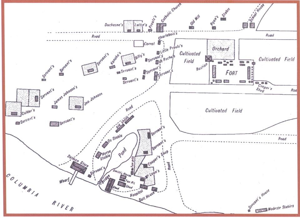 Covington sketch Line drawing showing the layout of buildings around the fort, including houses, and industrial buildings.