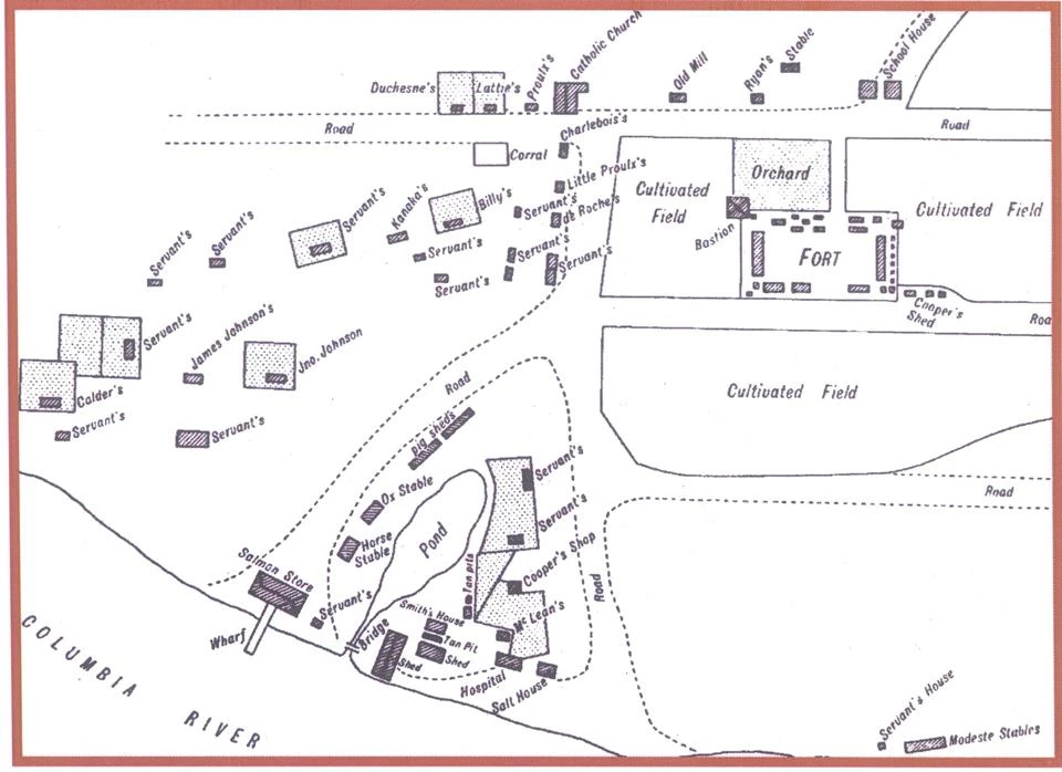 Covington sketch Line drawing showing the layout of buildings around the fort, including houses, and industrial buildings.