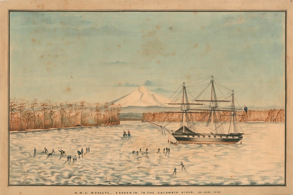 Drawing titled "HMS Modeste Frozen in the Columbia River 26 Jan. 1847" shows a frozen river with tall ship stuck in the ice. Mount Hood rises in the background. On the ice, groups of people play curling and ice skate.