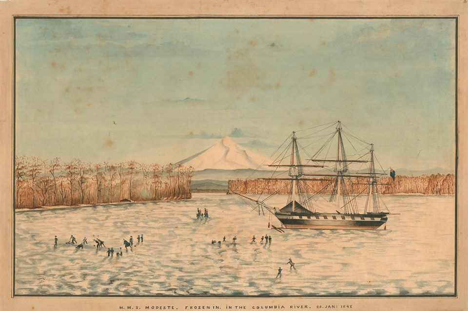 Curling on the Columbia Drawing titled "HMS Modeste Frozen in the Columbia River 26 Jan. 1847" shows a frozen river with tall ship stuck in the ice. Mount Hood rises in the background. On the ice, groups of people play curling and ice skate.