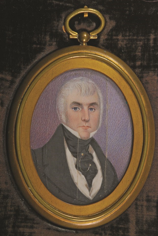 Painted portrait of man with white hair wearing suit