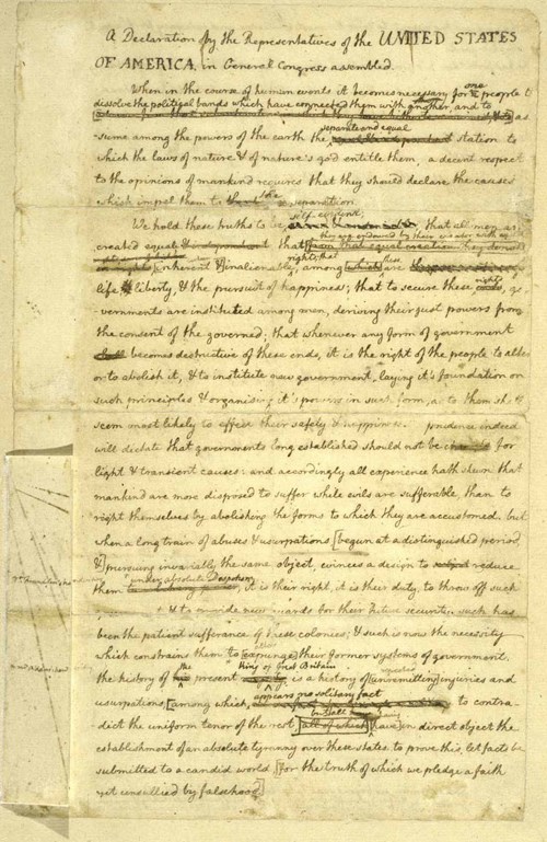 Draft of the Declaration of Independence A handwritten document with things altered and crossed out.