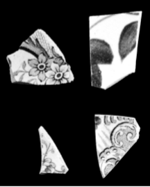 Four oddly-shaped pieces of decorated teacups and saucers. All have either flower or flower petal designs.