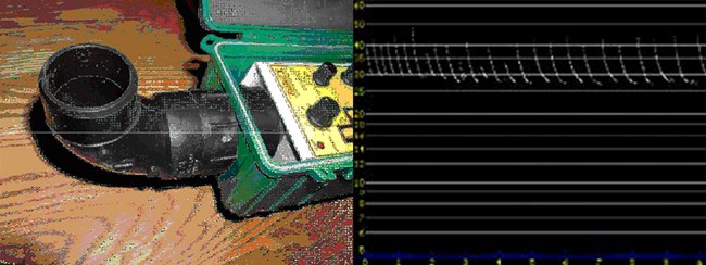 An Anabat bat detector inside a waterproof box and a sample vocalization of a big brown bat with the time between each call removed.