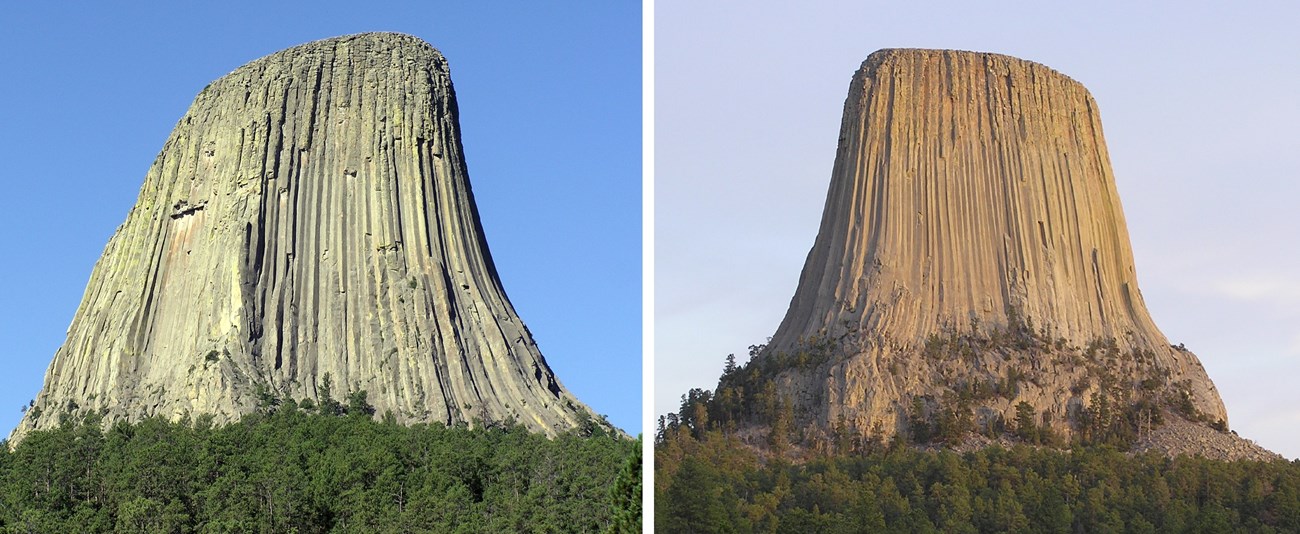 Two different faces of Devils Tower; the northeast face with ponderosa pines in foreground and the west face with trees and sloped hill in foreground.