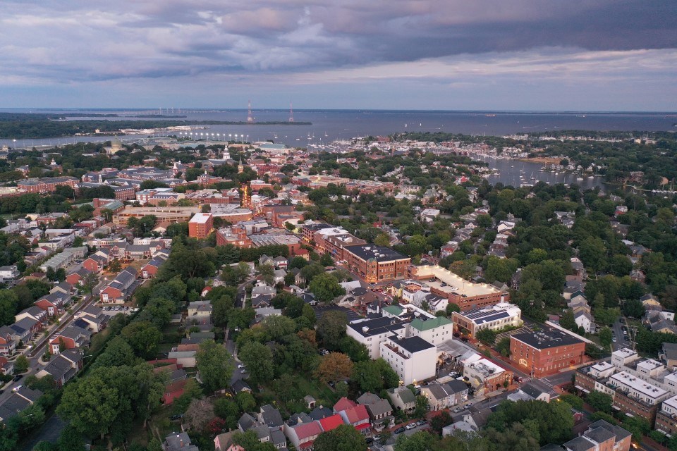 downtown annapolis Aerial shot of downtown Annapolis looking out over the water.