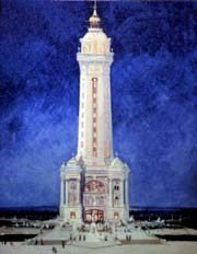 Perry Memorial designed by John Eisenmann Water color of a proposed design for memorial. White stone tower with square base and tower. Observation deck and a gold colored dome and antenna at the top. Plaza and sidewalk radiate from the base of the memorial.