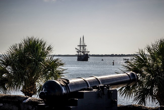 El galeon ship sailing on Matanzas River as seen from gun deck.