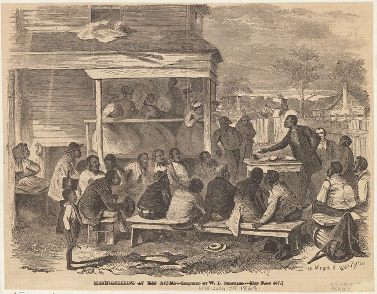 Electioneering in the South, circa 1868. Image by William L. Sheppard, Art and Picture Collection, The New York Public Library. https://digitalcollections.nypl.org/items/510d47e1-3fa3-a3d9-e040-e00a18064a99