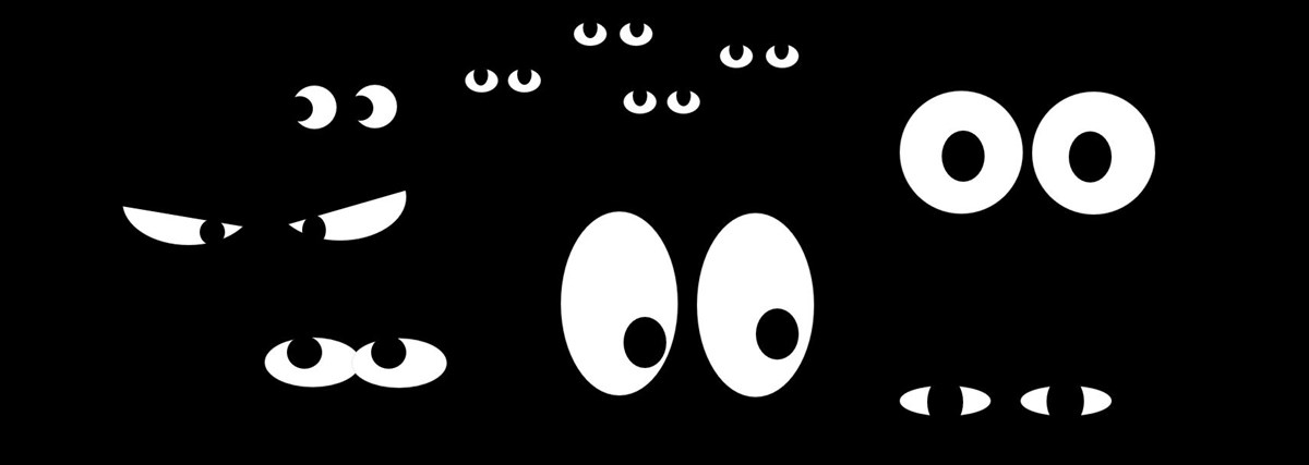 Many sets of cartoon eyes in a dark space